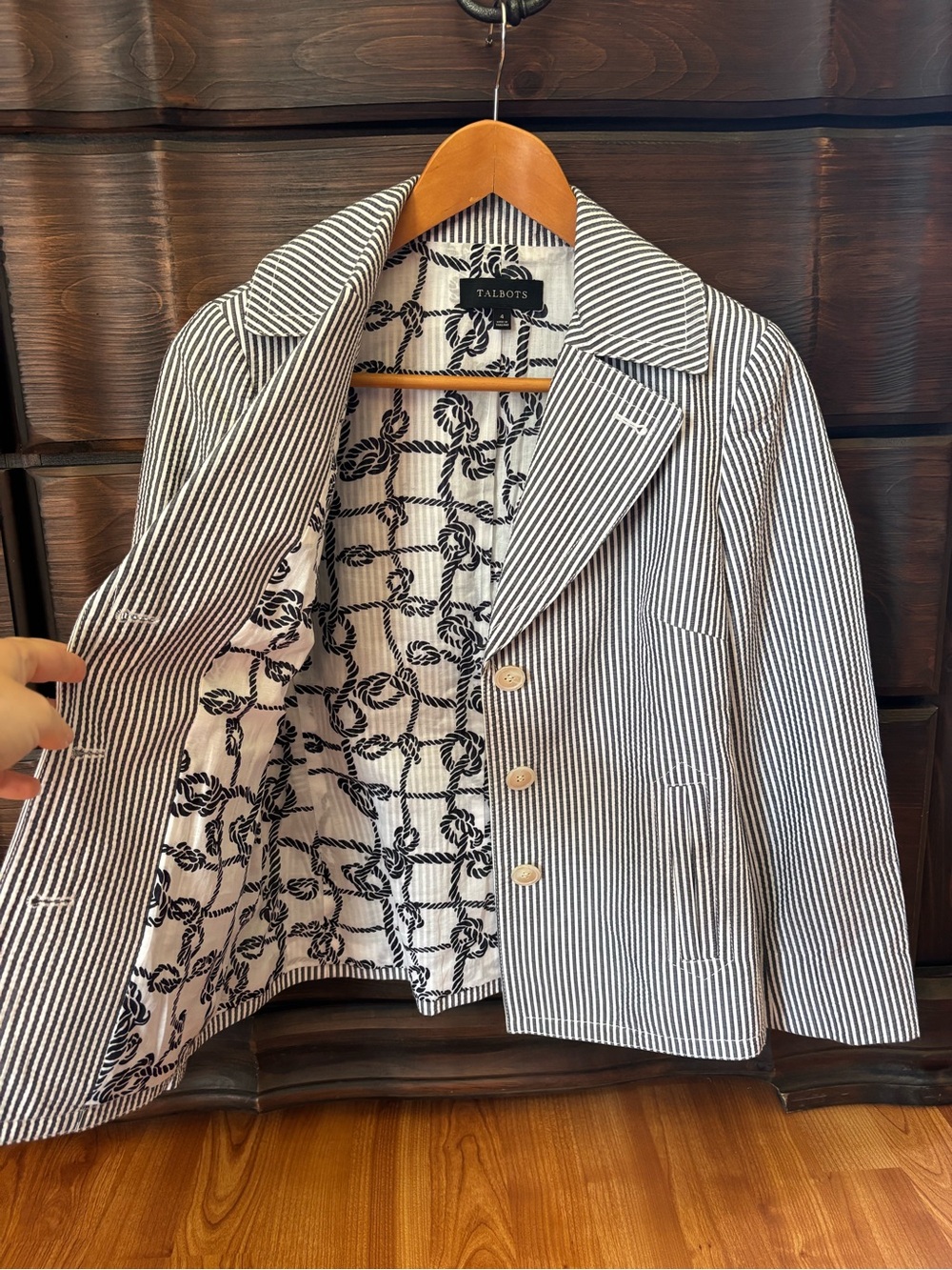 Talbots Nautical Seersucker Blazer, Size 4, Blue & White Striped, 100% Cotton